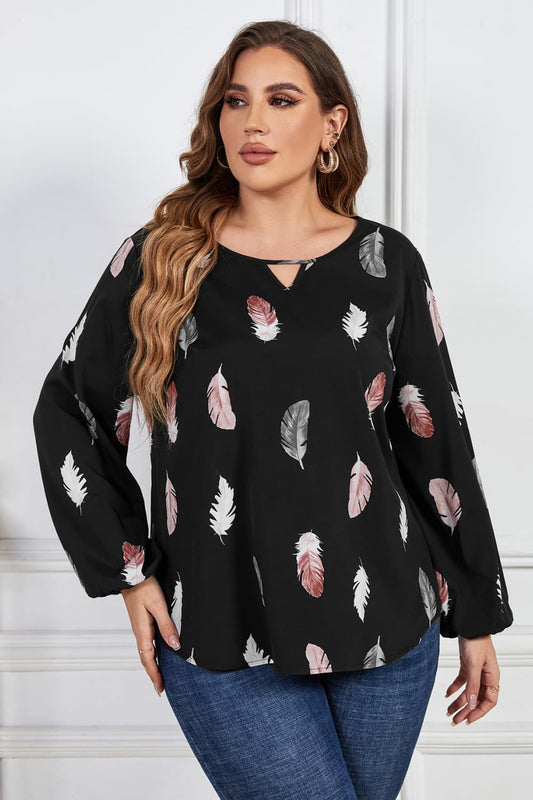 Melo Apparel Plus Size Printed Round Neck Long Sleeve Cutout Blouse  - Doll Fits
