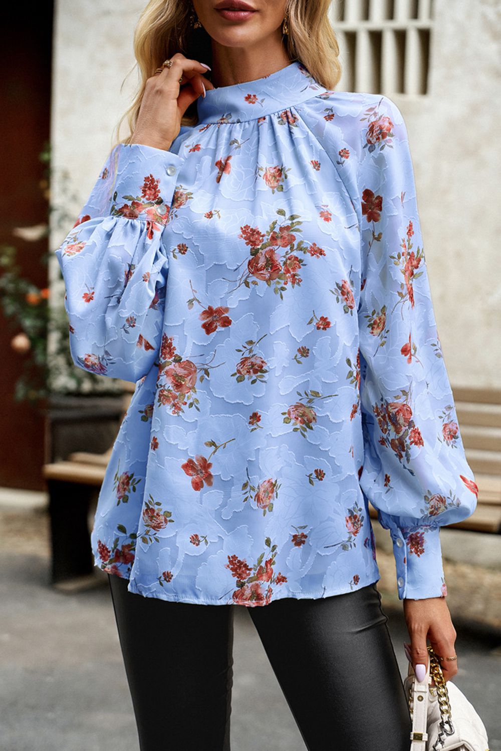 Floral Print Mock Neck Lantern Sleeve Blouse  - Doll Fits
