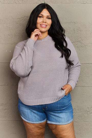 Zenana Breezy Days Plus Size High Low Waffle Knit Sweater  Shirts & Tops- Doll Fits