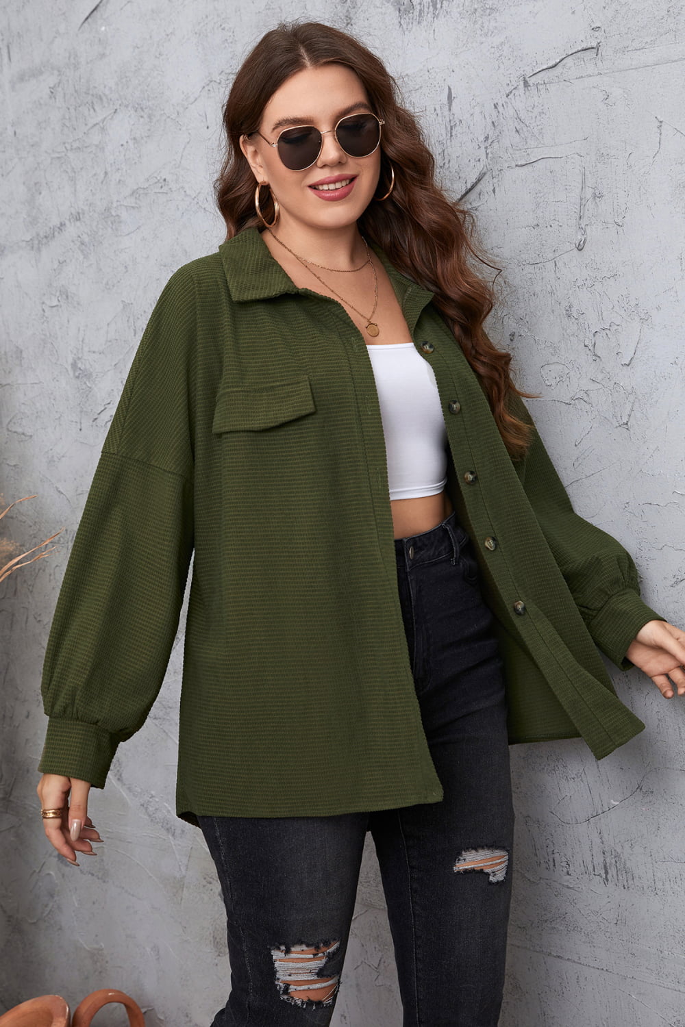 Melo Apparel Plus Size Dropped Shoulder Shirt  - Doll Fits