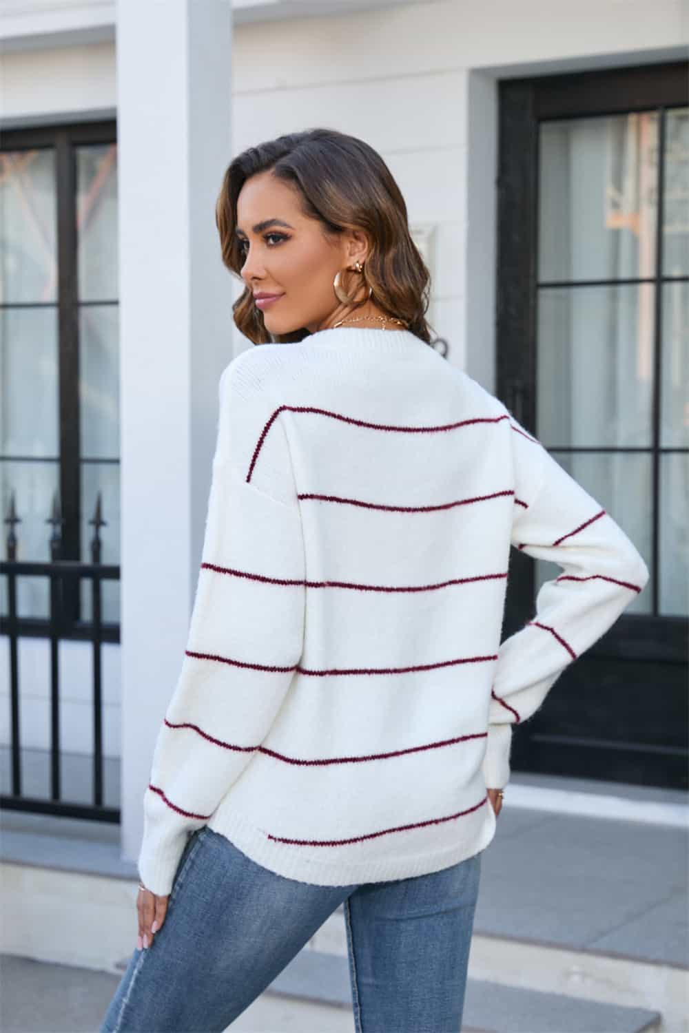 Striped Round Neck Long Sleeve Sweater  - Doll Fits