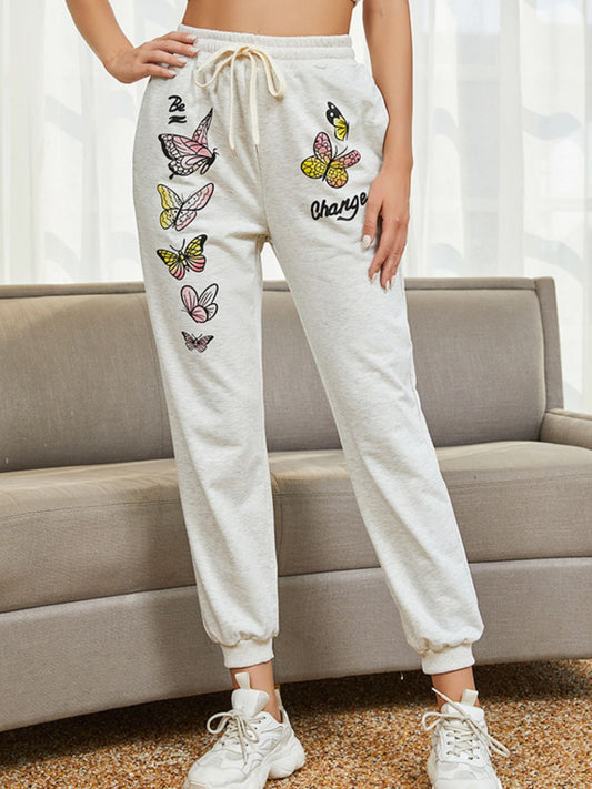 Tie Front Butterfly Graphic Long Pants  - Doll Fits