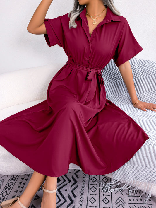 Short Sleeve Collared Tie Belt Dress  Dresses- Doll Fits