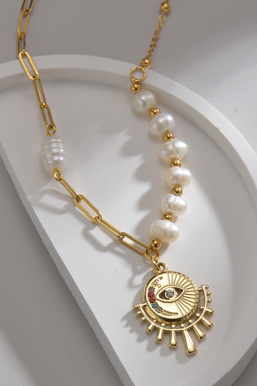 Evil Eye Pendant Pearl Stainless Steel Necklace  Necklaces- Doll Fits