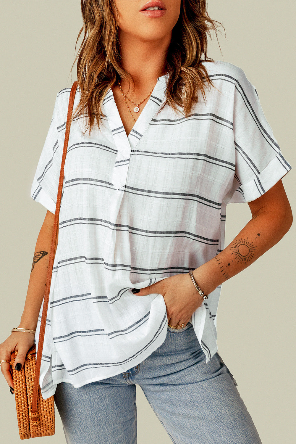 Notched Side Slit Cuffed Blouse  Shirts & Tops- Doll Fits