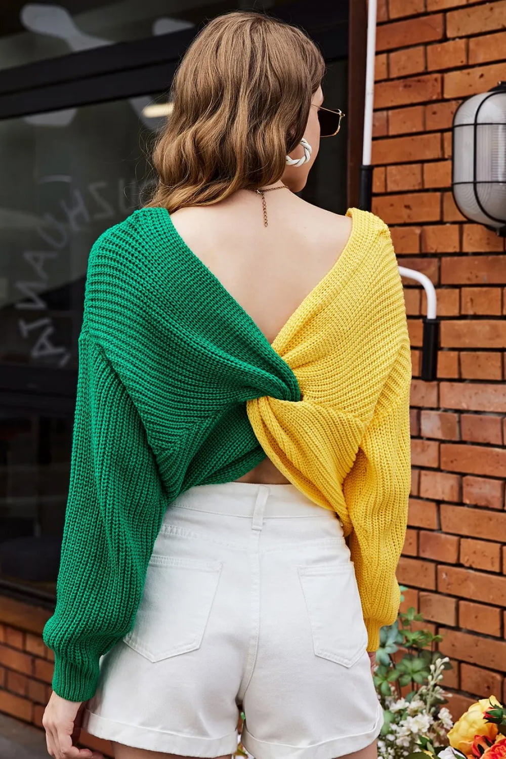 Double Take Two-Tone V-Neck Twisted Sweater  - Doll Fits