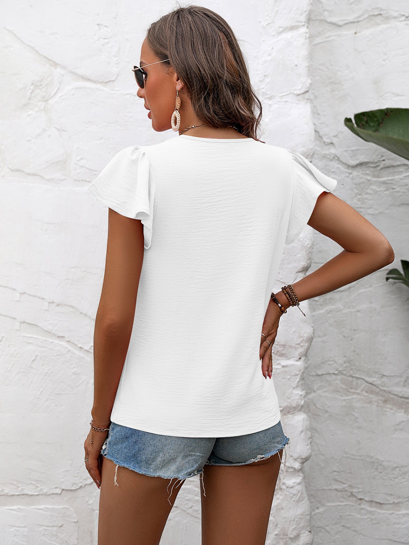 Textured Flutter Sleeve Blouse  Shirts & Tops- Doll Fits
