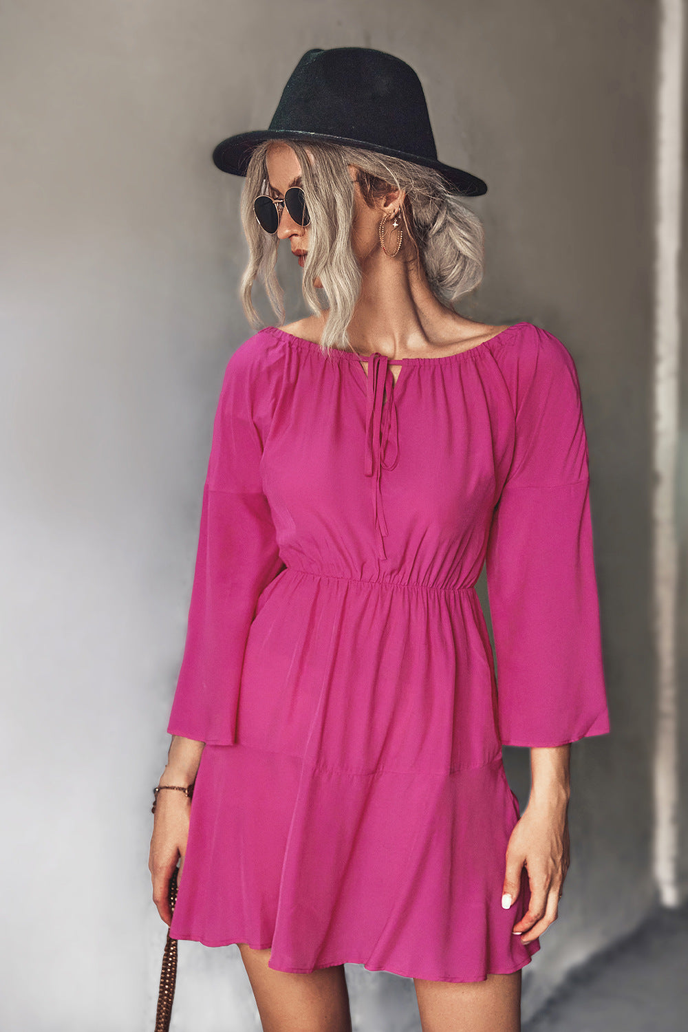 Tie Neck Flare Sleeve Mini Dress  Dresses- Doll Fits