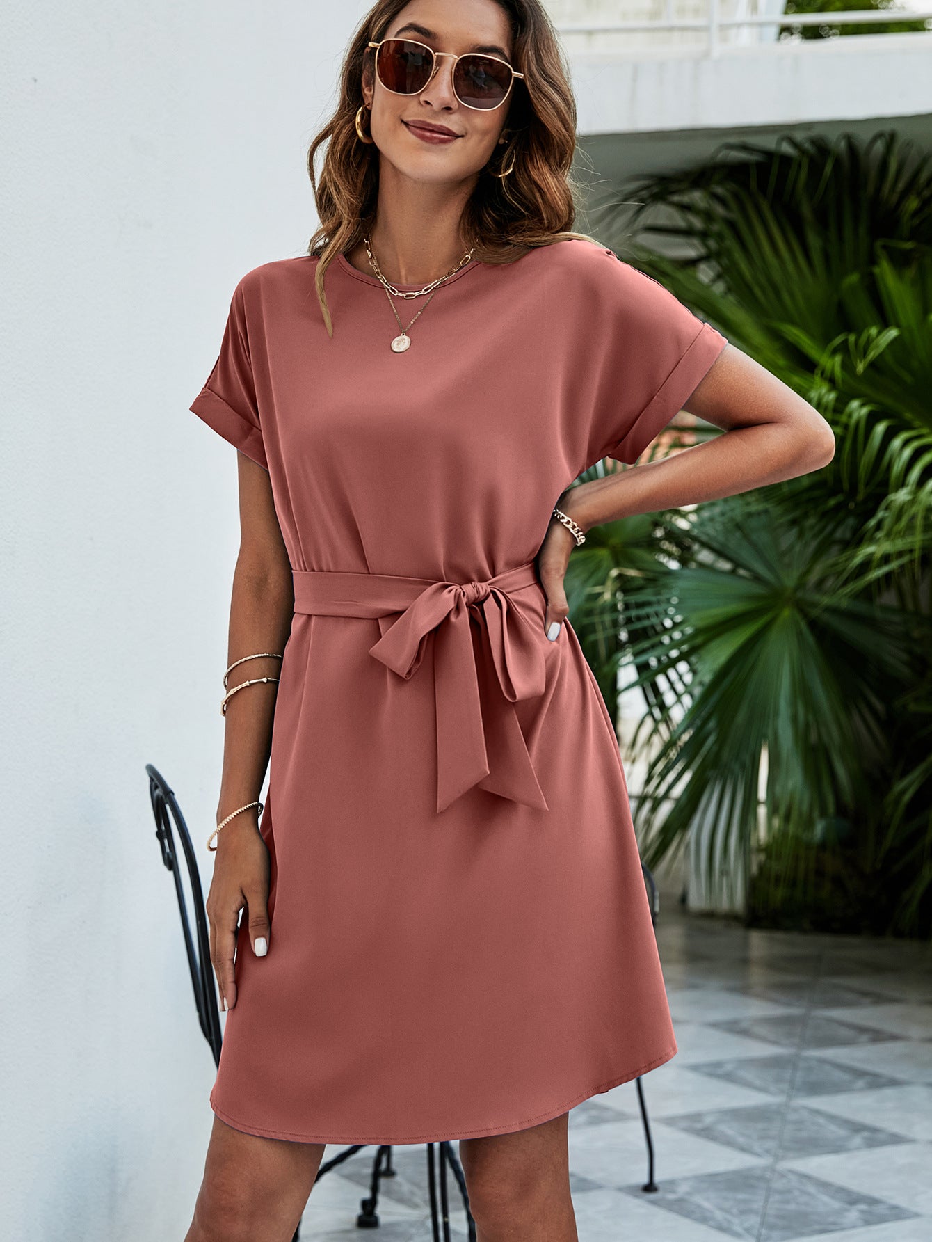 Belted Round Neck Curved Hem Dress  Dresses- Doll Fits