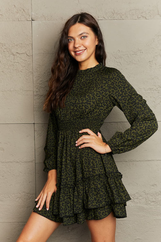 Leopard Smock Waist Long Sleeve Dress  Dresses- Doll Fits