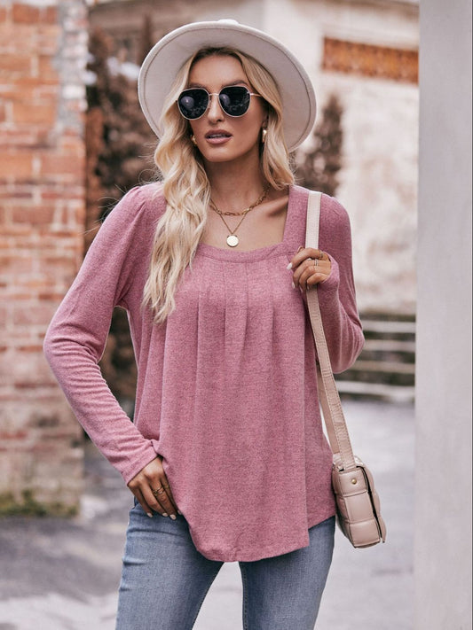 Pleated Detail Curved Hem Long Sleeve Top  Shirts & Tops- Doll Fits