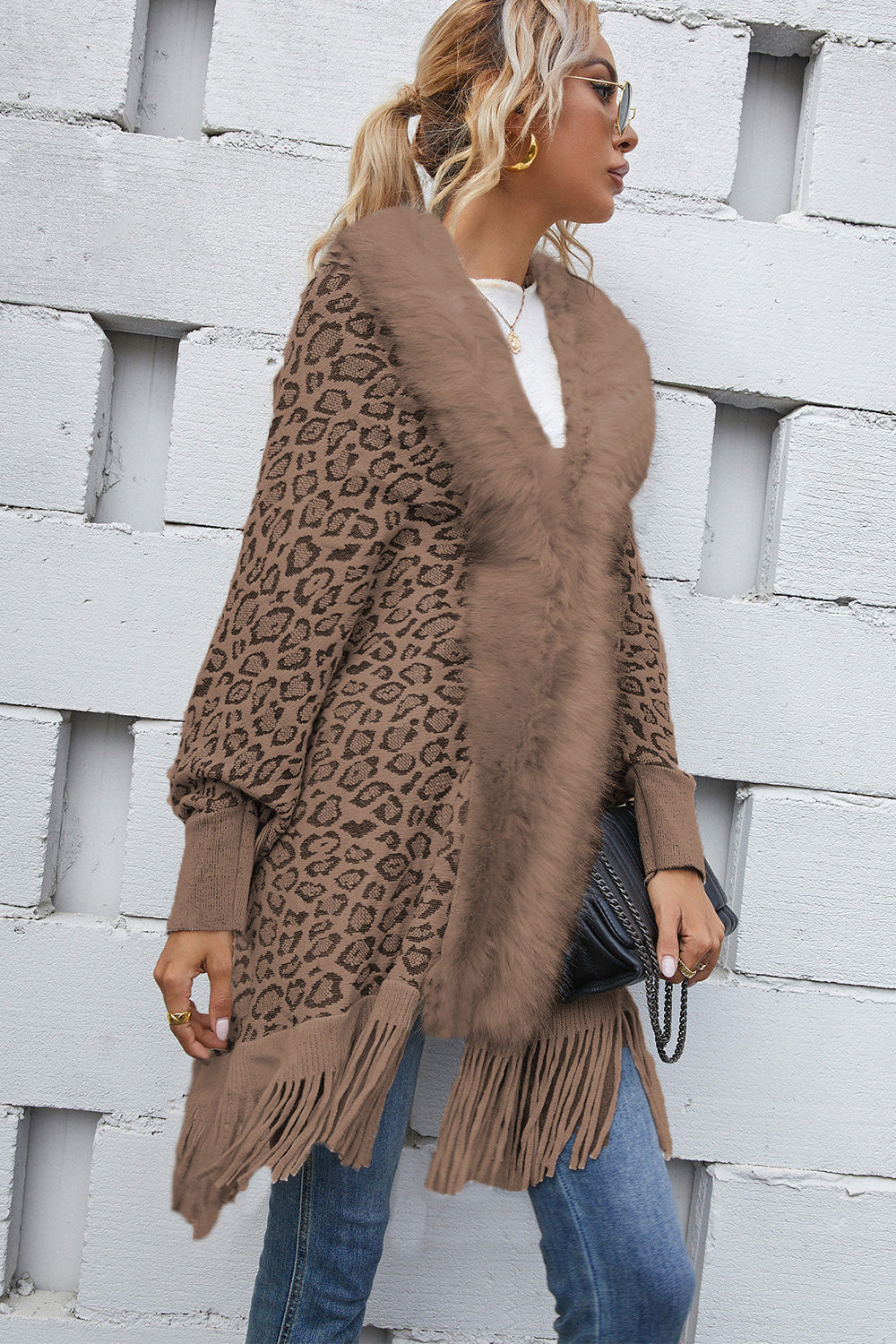 Leopard Fringe Detail Poncho  - Doll Fits