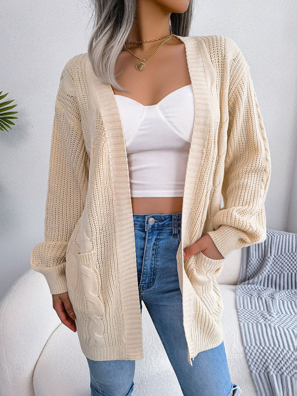 Cable-Knit Open Front Pocketed Cardigan  Coats & Jackets- Doll Fits
