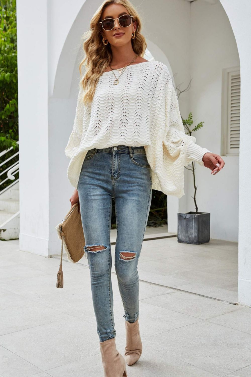Openwork Boat Neck Dolman Sleeve Sweater  Shirts & Tops- Doll Fits