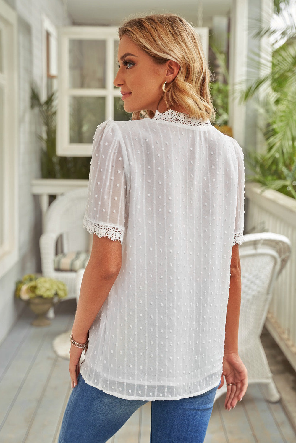 Swiss Dot Lace Trim Plunge Blouse  Shirts & Tops- Doll Fits