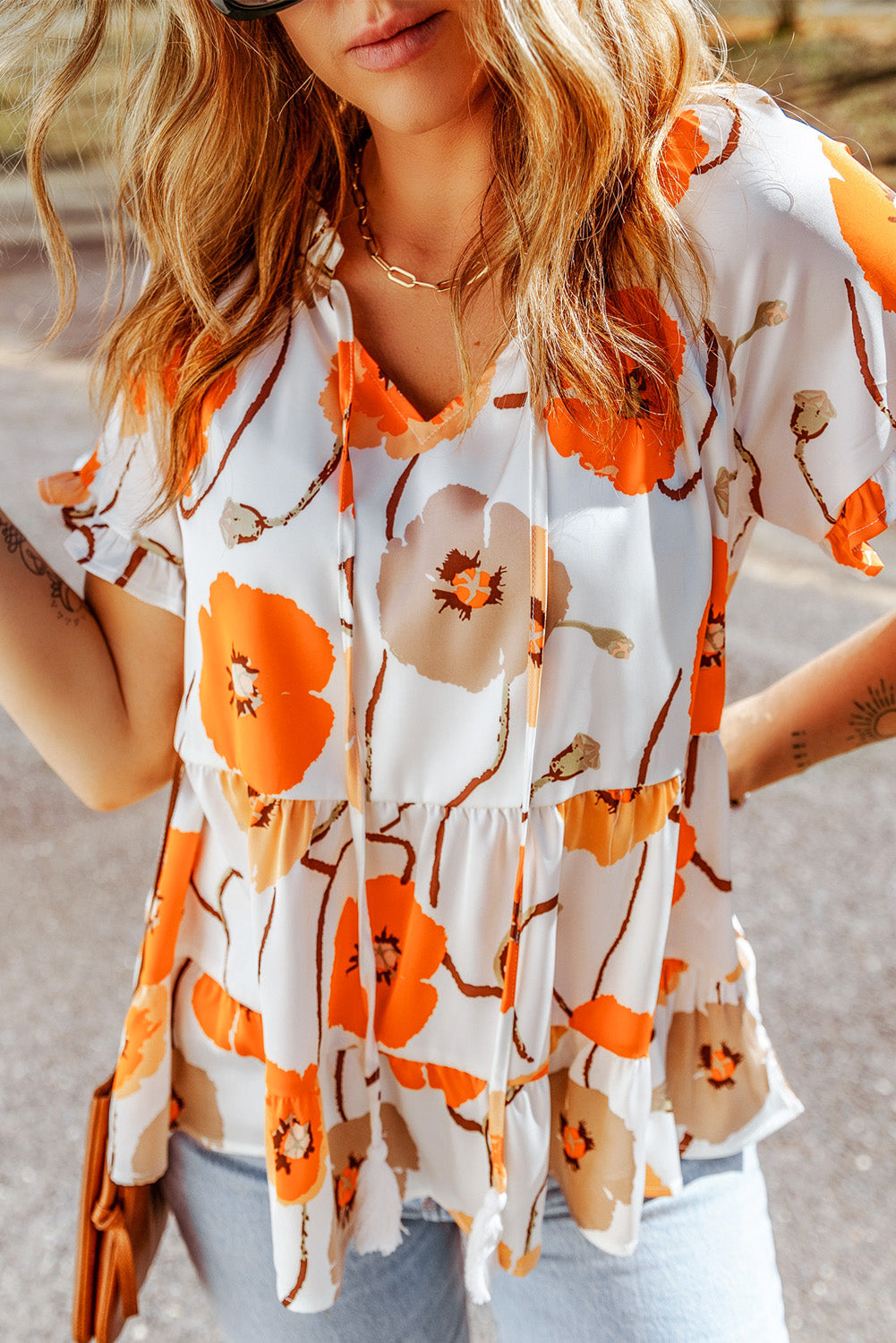 Printed Flounce Sleeve Tie-Neck Peplum Blouse  Shirts & Tops- Doll Fits
