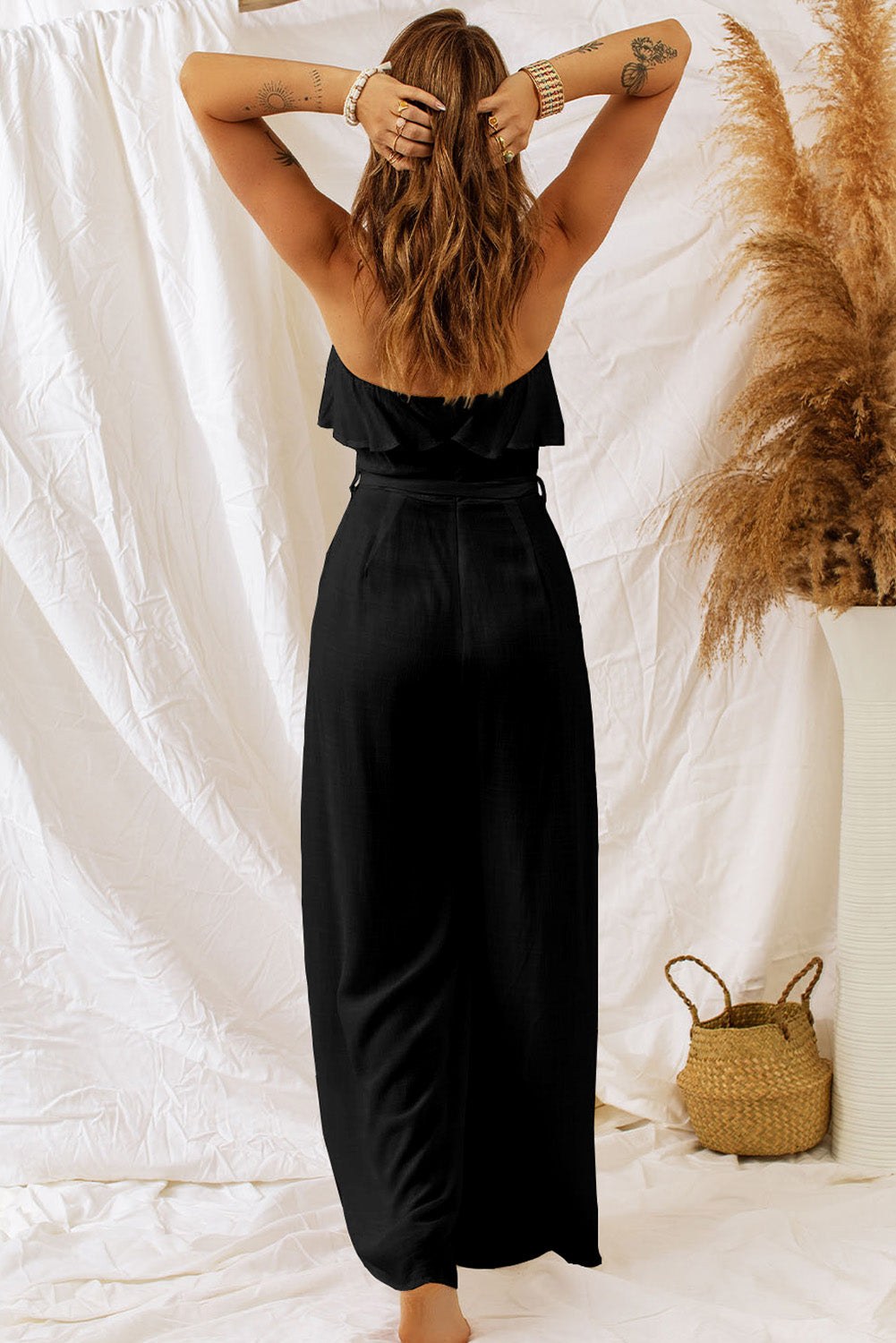 Tie-Waist Ruffled Strapless Wide Leg Jumpsuit  Jumpsuits & Rompers- Doll Fits