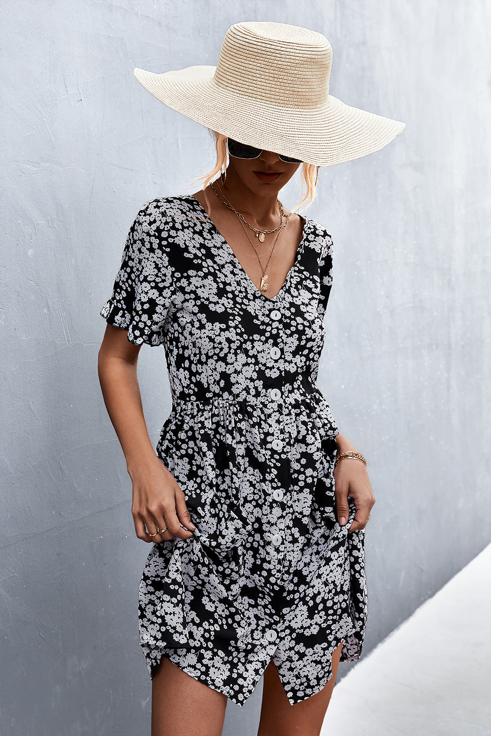 Printed Button down Pocketed Dress  Dresses- Doll Fits