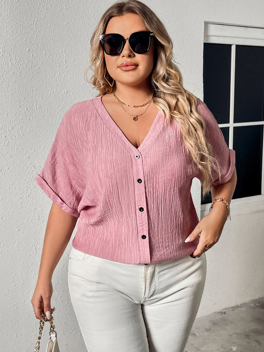 Plus Size Buttoned V-Neck Short Sleeve Blouse  Shirts & Tops- Doll Fits
