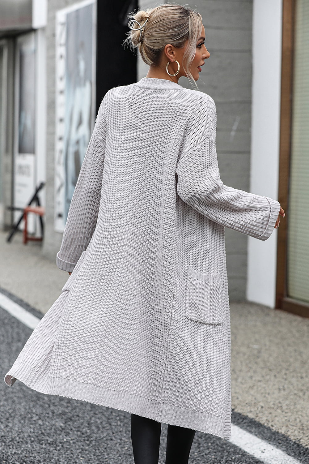 Dropped Shoulder Long Sleeve Cardigan with Pocket  - Doll Fits