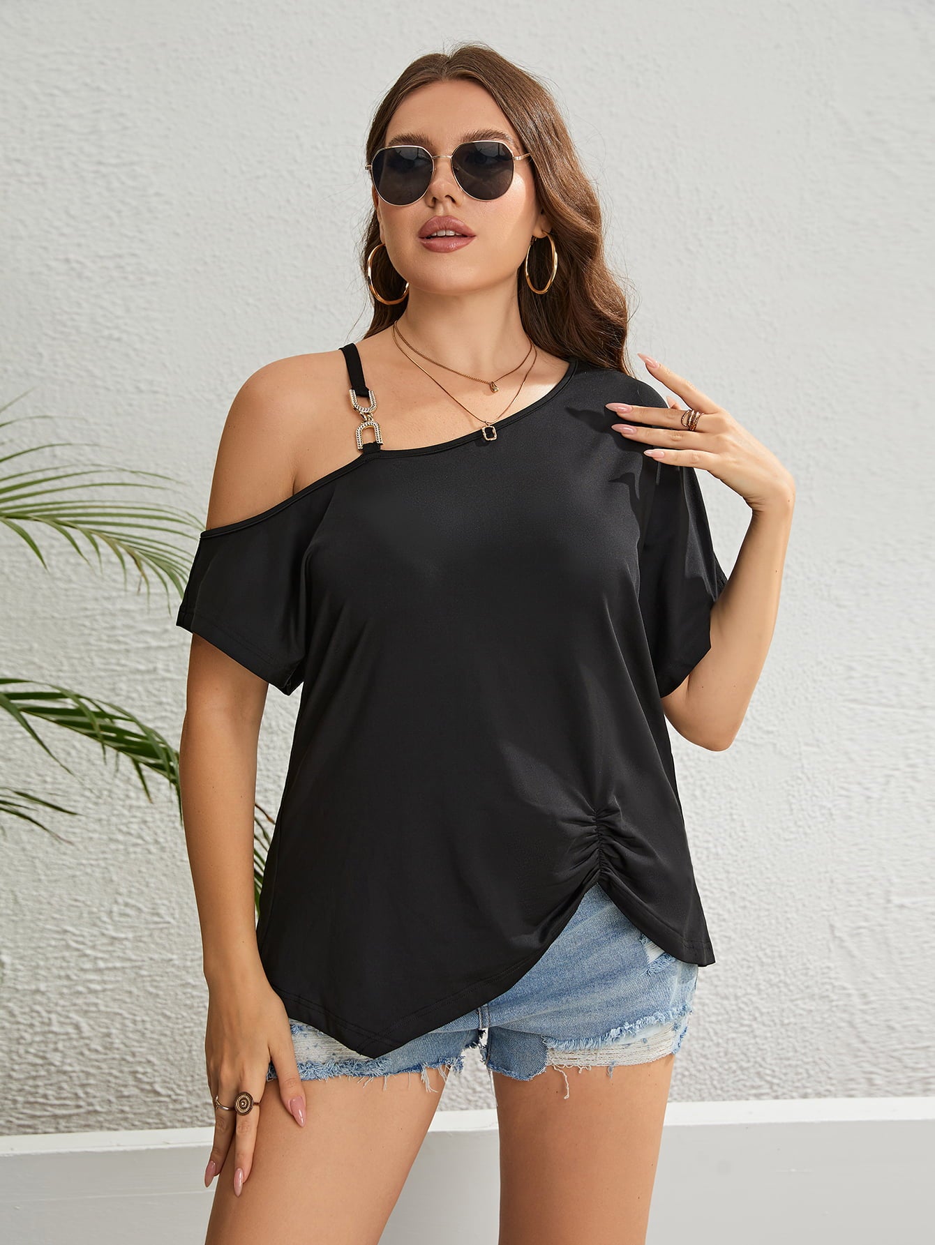 Plus Size Asymmetrical Neck Ruched Short Sleeve Blouse  Shirts & Tops- Doll Fits