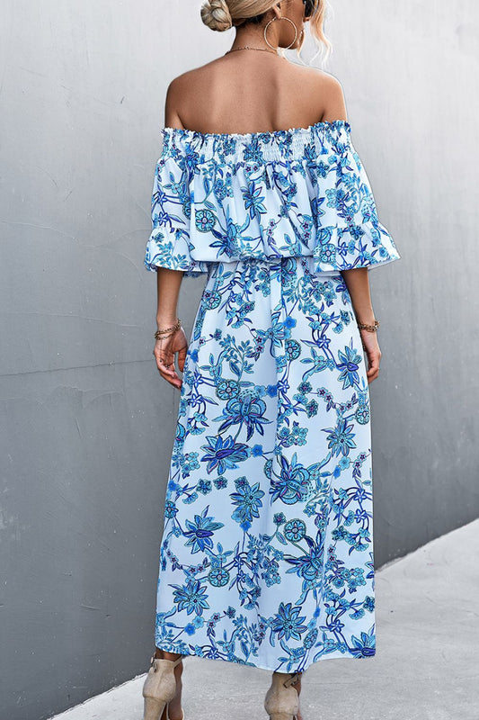 Floral Off-Shoulder Front Split Dress  Dresses- Doll Fits