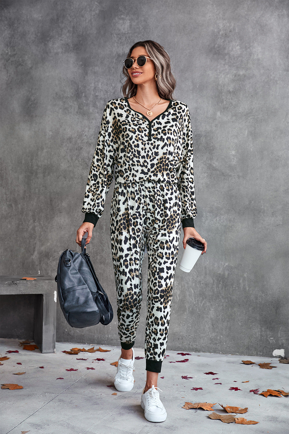 Leopard V-Neck Dropped Shoulder Loungewear Set  - Doll Fits
