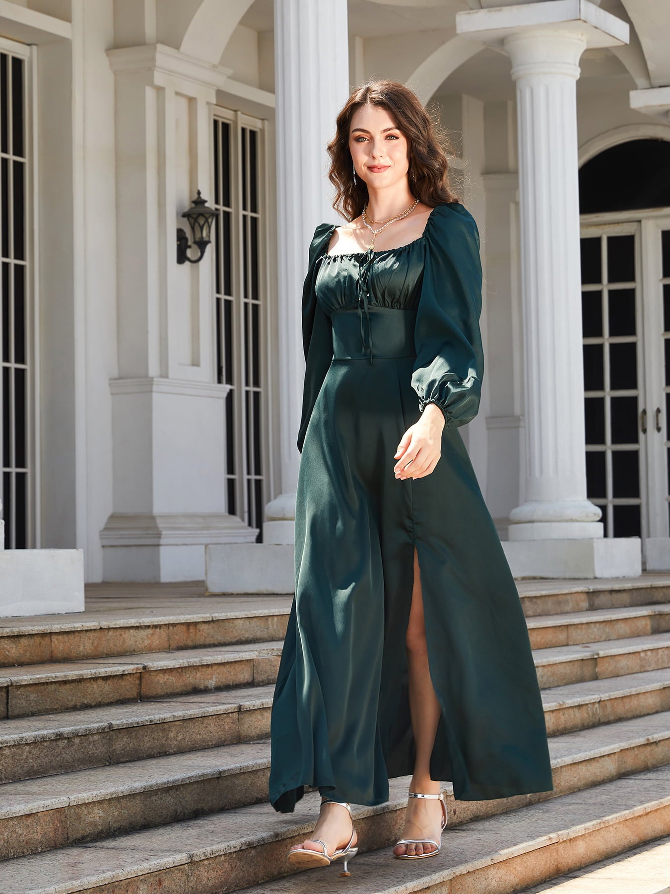 Square Neck Puff Sleeve High Slit Maxi Dress  Dresses- Doll Fits