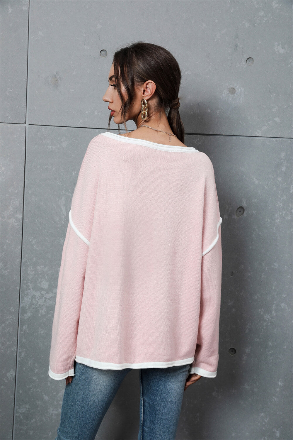 Contrast Detail Dropped Shoulder Knit Pullover  Shirts & Tops- Doll Fits