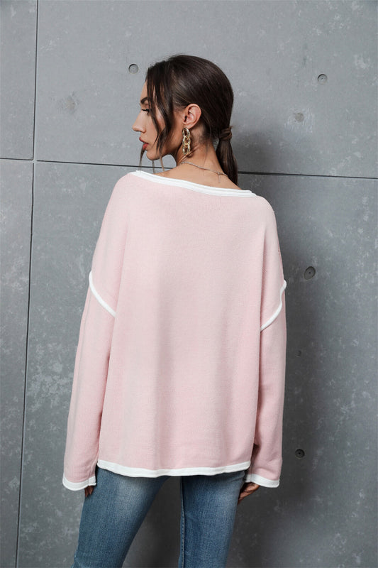 Contrast Detail Dropped Shoulder Knit Pullover  Shirts & Tops- Doll Fits