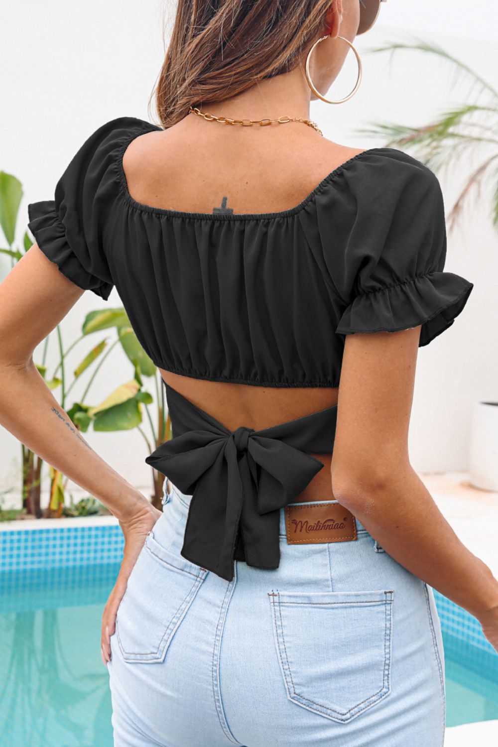 Ruched Square Neck Tie Back Cropped Top  Shirts & Tops- Doll Fits
