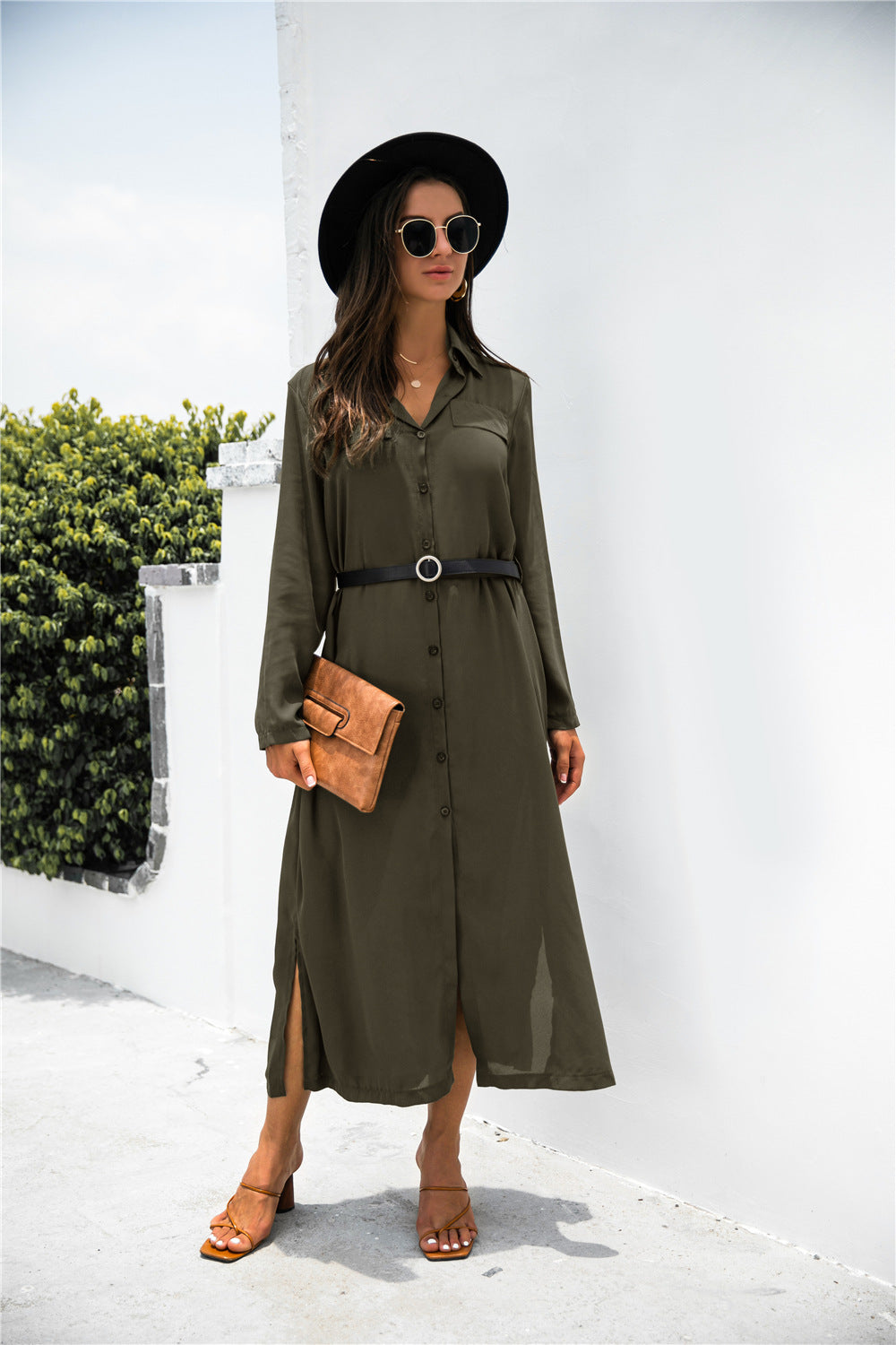 Button Down Side Slit Shirt Dress  Dresses- Doll Fits