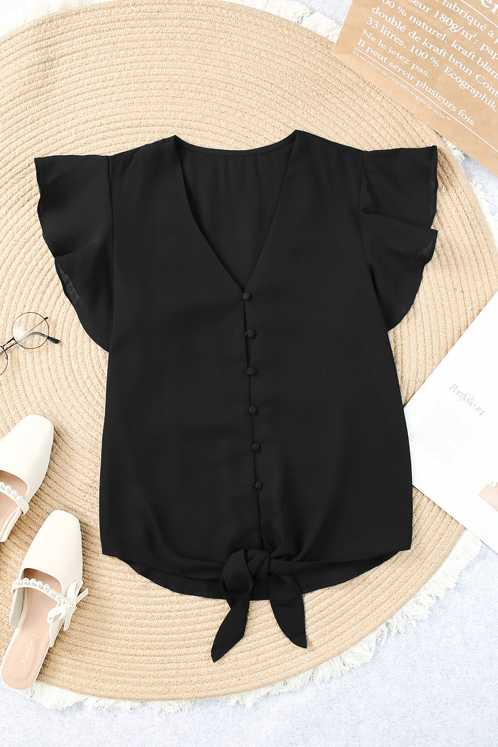 V-Neck Tie Hem Flutter Sleeve Blouse  Shirts & Tops- Doll Fits