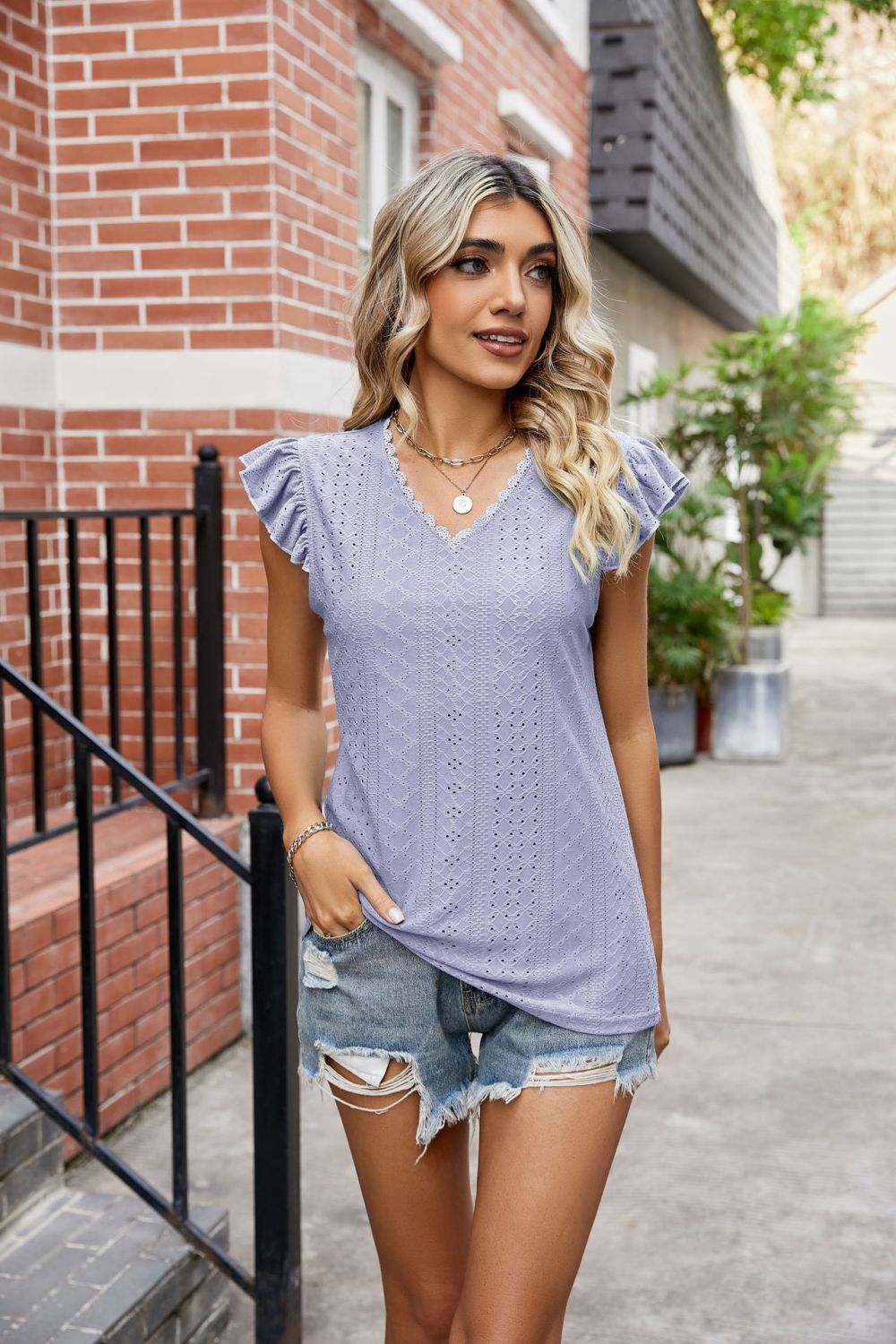 Eyelet Flutter Sleeve Scalloped V-Neck Top  Shirts & Tops- Doll Fits