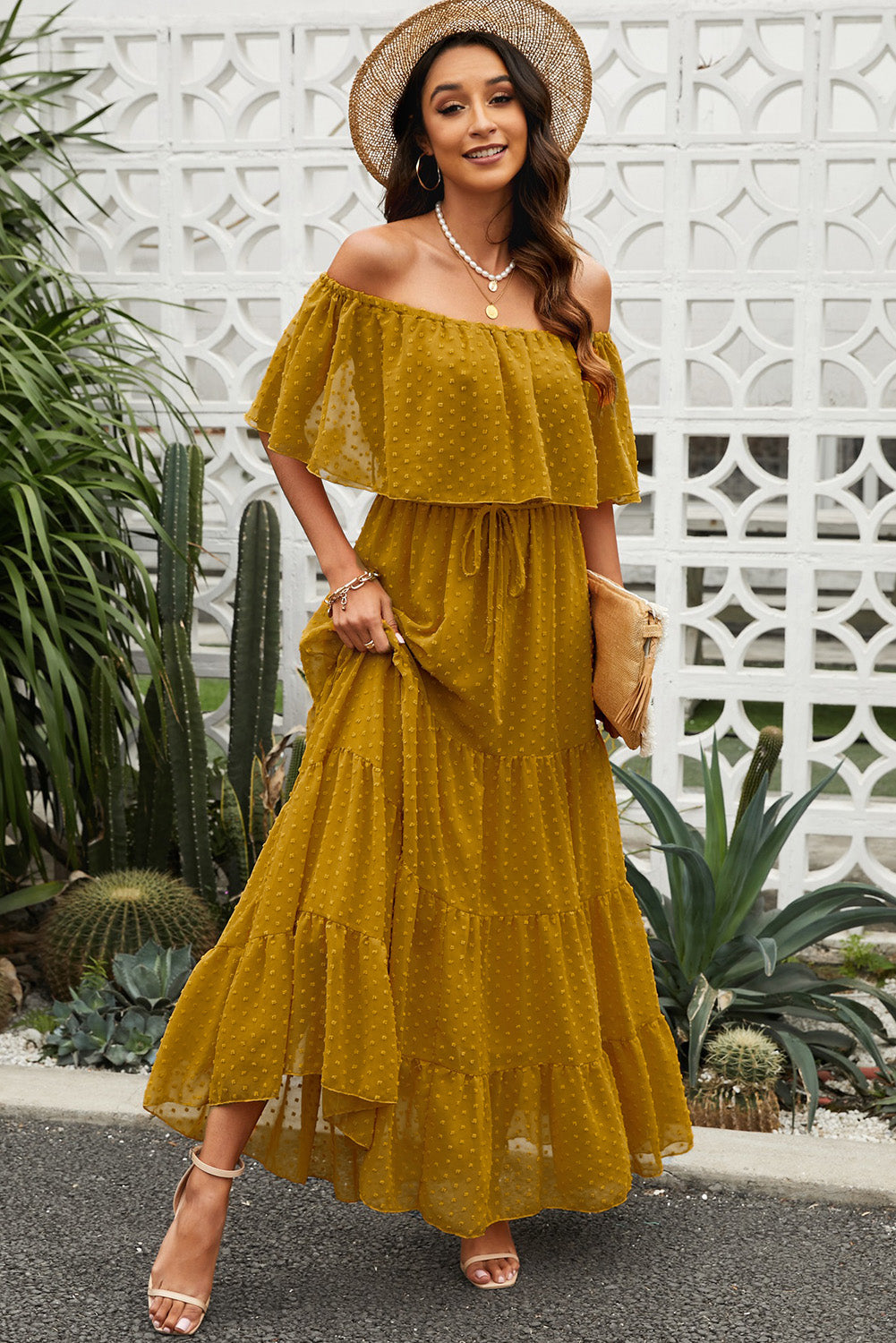 Swiss Dot Off-Shoulder Tiered Maxi Dress  Dresses- Doll Fits