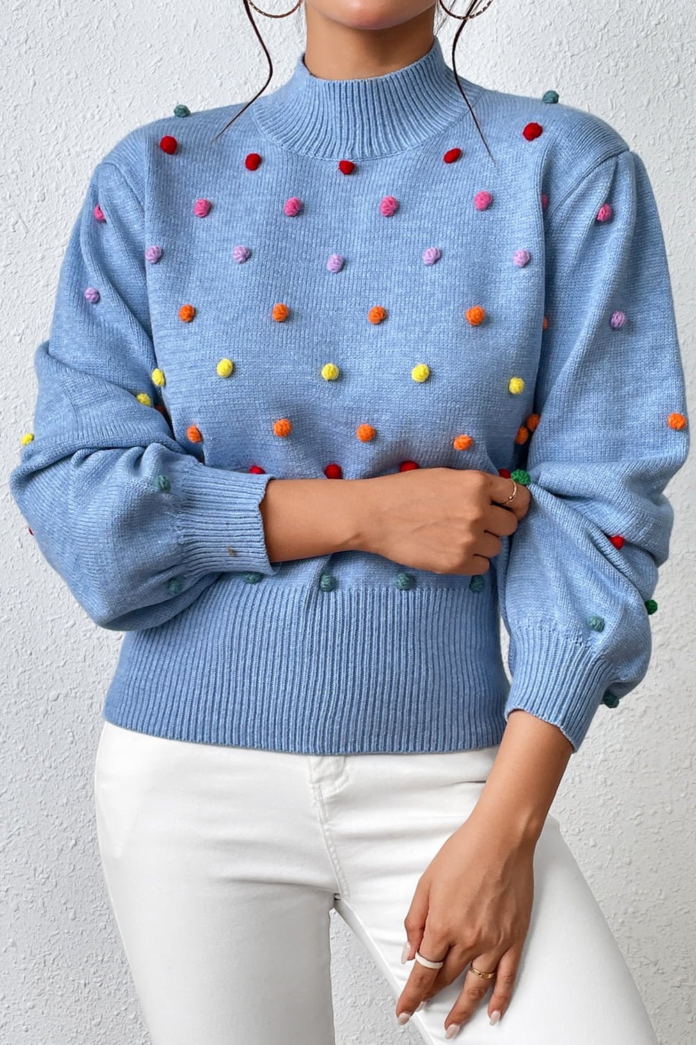 Pom-Pom Trim Mock Neck Long Sleeve Pullover Sweater  - Doll Fits
