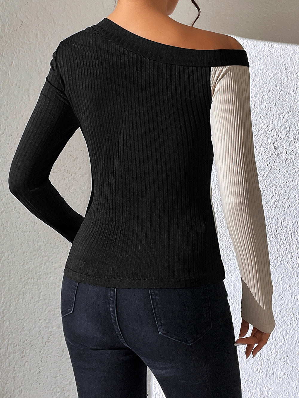 Asymmetrical One Shoulder Contrast Color Buttoned Blouse  - Doll Fits