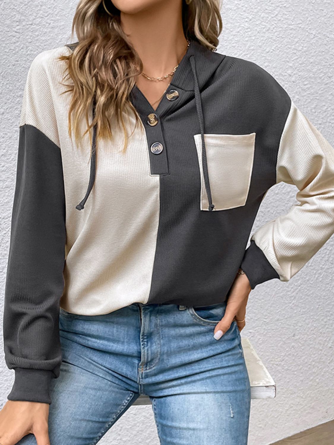 Contrast Color Button-Up Raglan Sleeve Hoodie  - Doll Fits