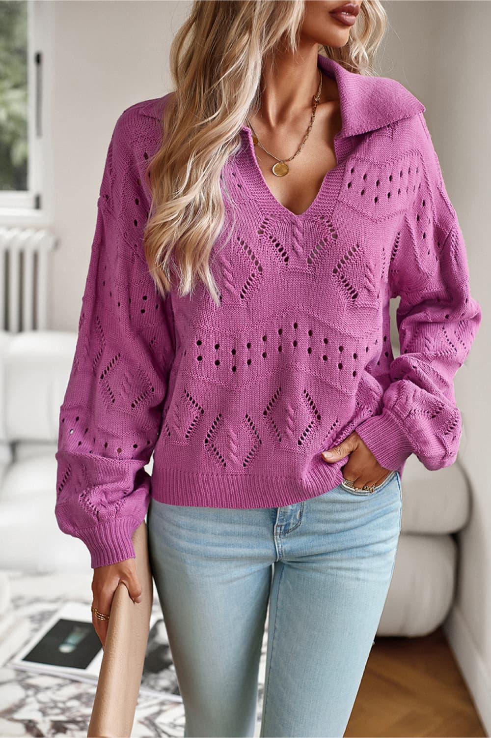 Openwork Long Sleeve Notched Neck Sweater  - Doll Fits