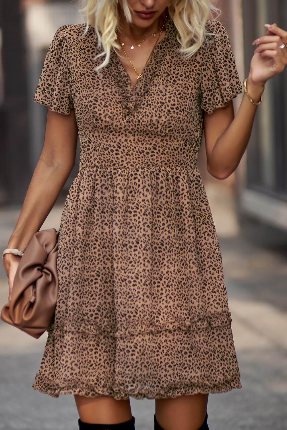 Printed Flutter Sleeve V-Neck Dress  Dresses- Doll Fits