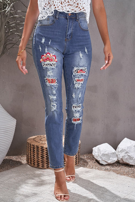 Leopard Patch Ankle-Length Jeans  Pants- Doll Fits