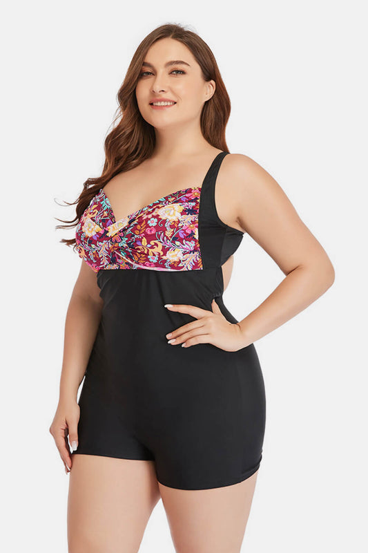 Plus Size Two-Tone One-Piece Swimsuit  Swimwear- Doll Fits