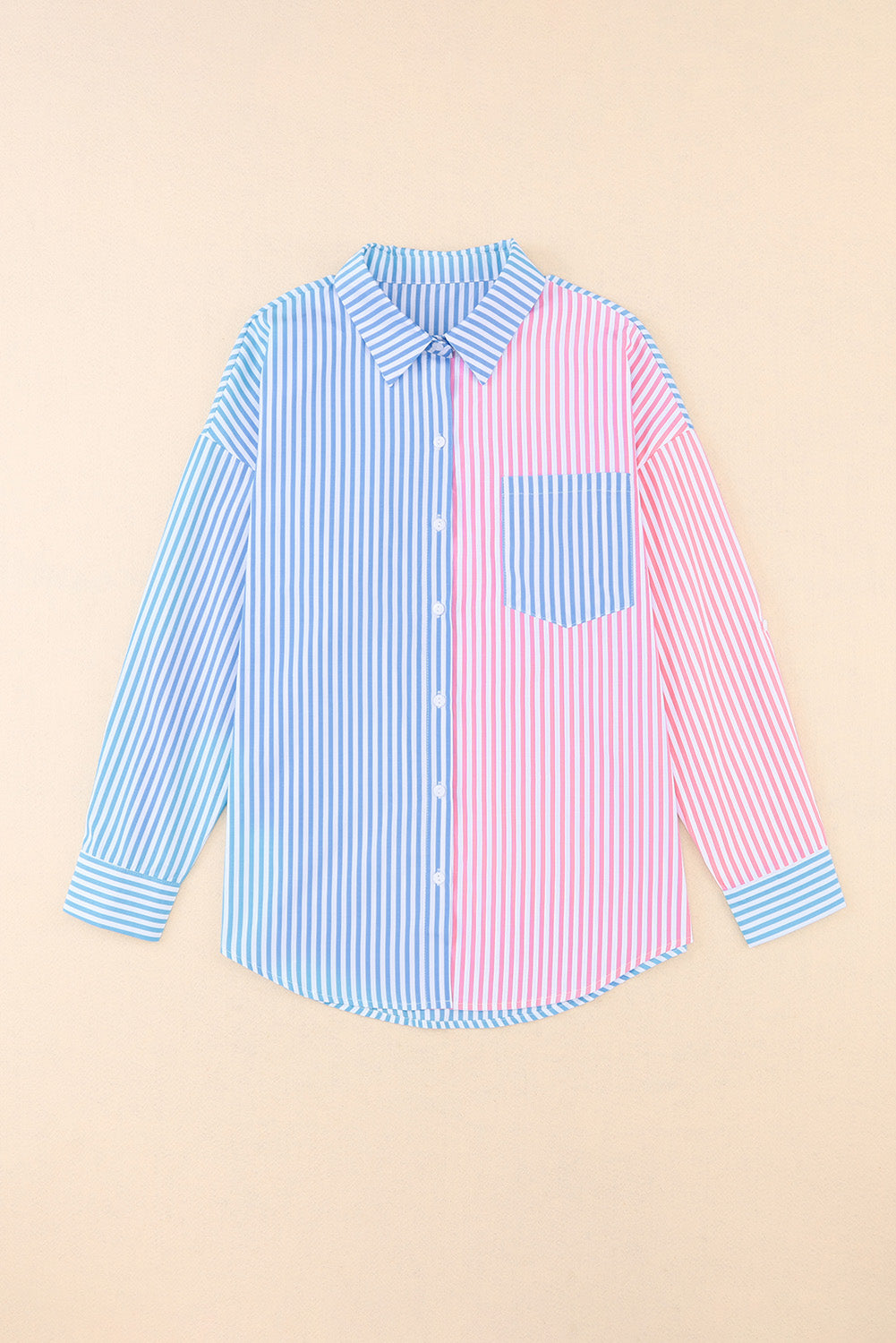Striped Two-Tone Long Sleeve Shirt with Pocket  - Doll Fits