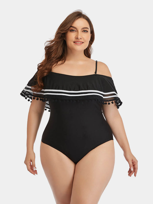 Plus Size Striped Cold-Shoulder One-Piece Swimsuit  Swimwear- Doll Fits