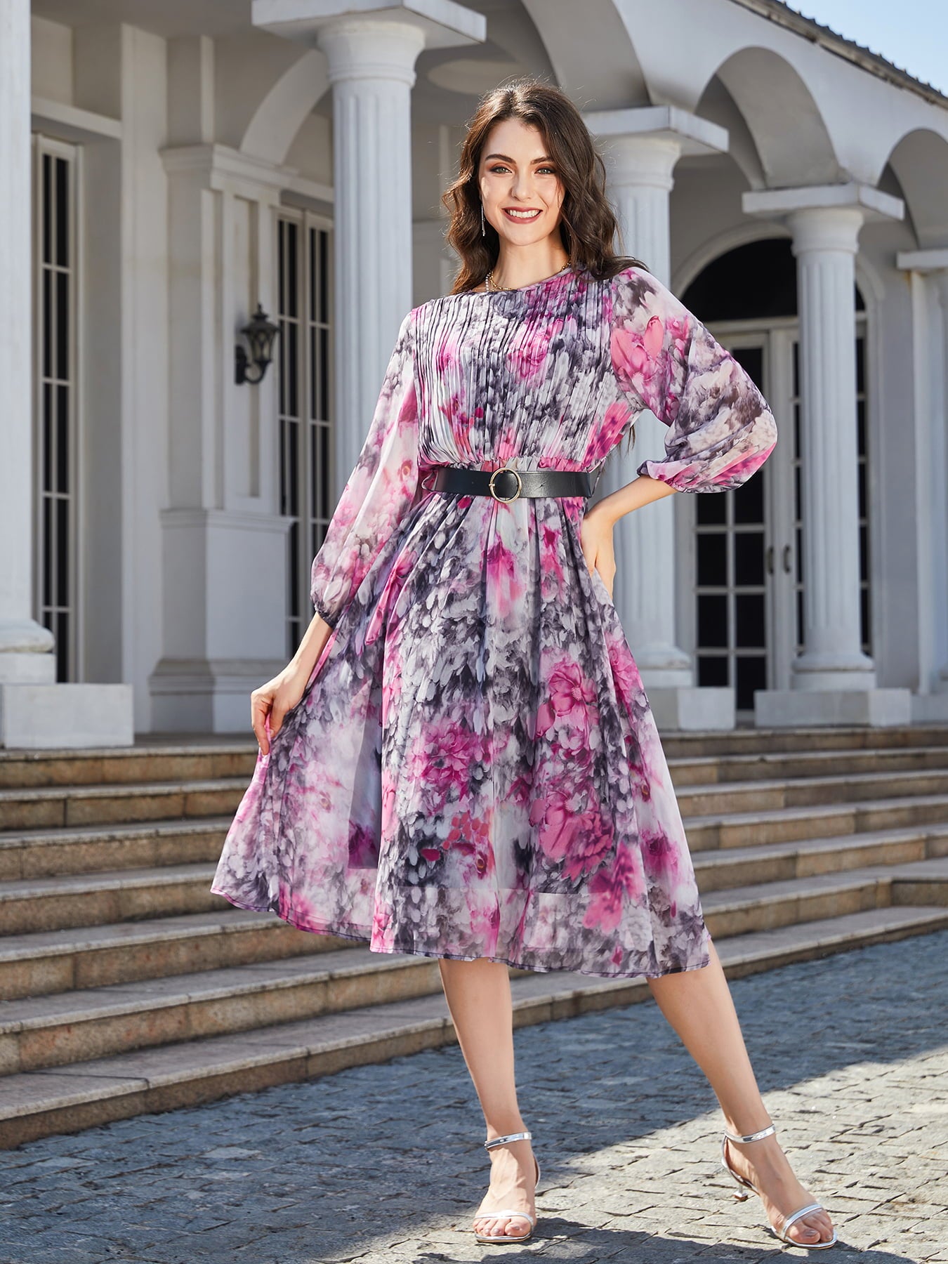Floral Print Round Neck Balloon Sleeve Midi Dress  Dresses- Doll Fits