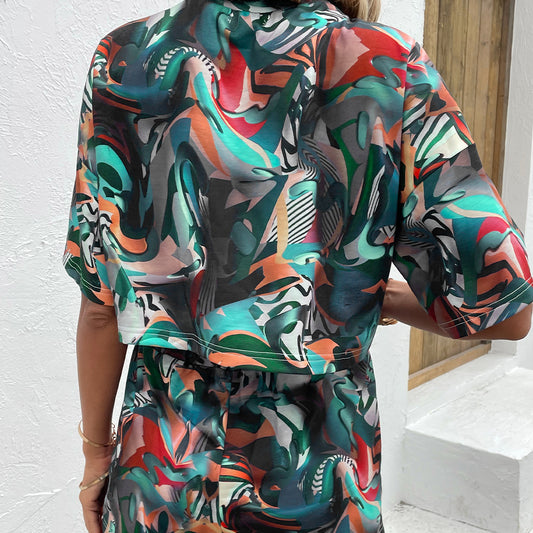 Printed Round Neck Dropped Shoulder Half Sleeve Top and Shorts Set  Outfit Sets- Doll Fits