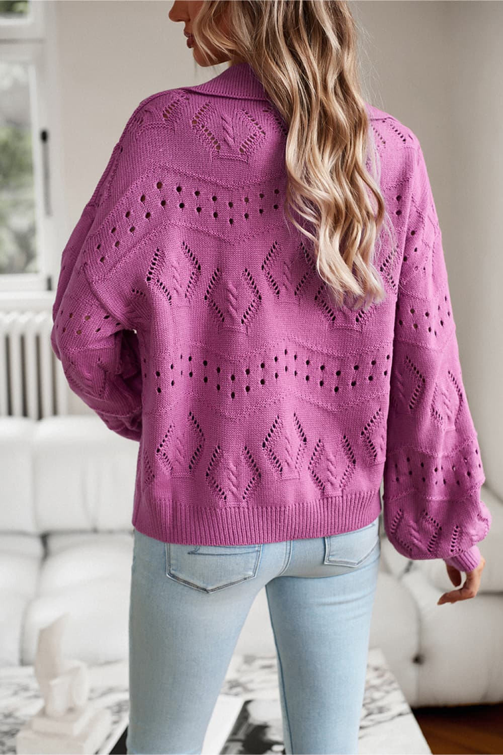 Openwork Long Sleeve Notched Neck Sweater  - Doll Fits