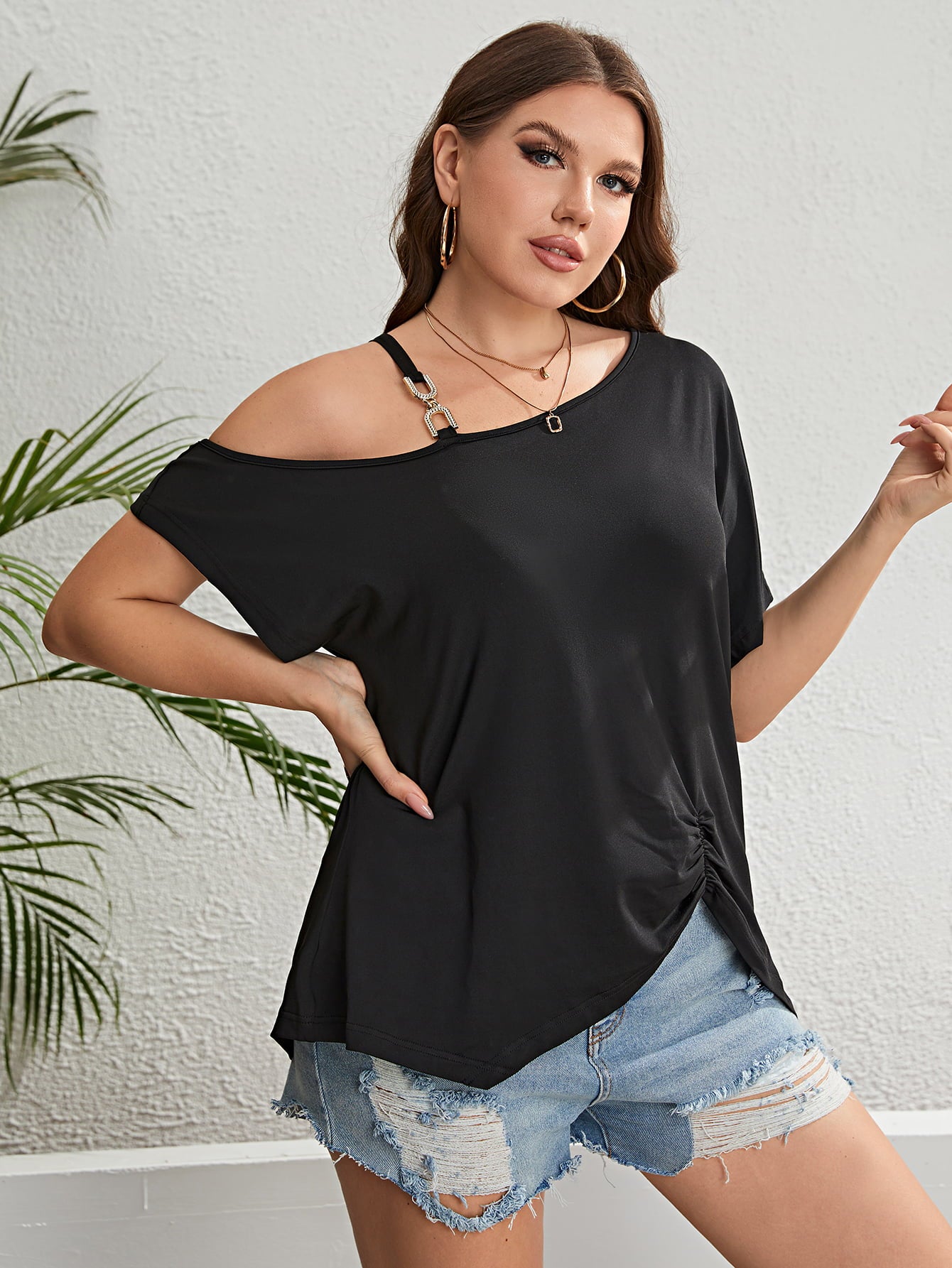 Plus Size Asymmetrical Neck Ruched Short Sleeve Blouse  Shirts & Tops- Doll Fits
