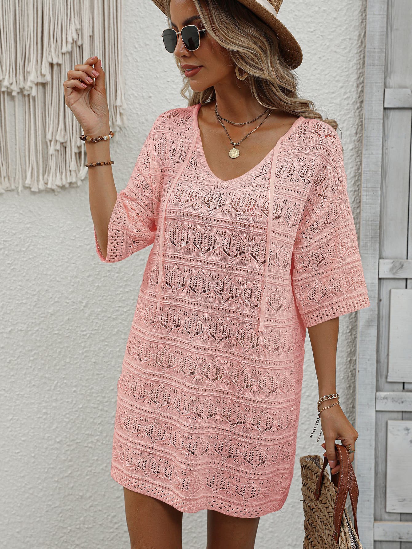 Openwork V-Neck Mini Knit Dress  Dresses- Doll Fits