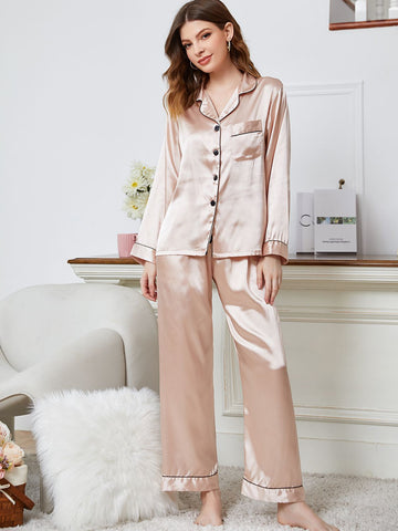 Lapel Collar Long Sleeve Top and Pants Pajama Set  - Doll Fits